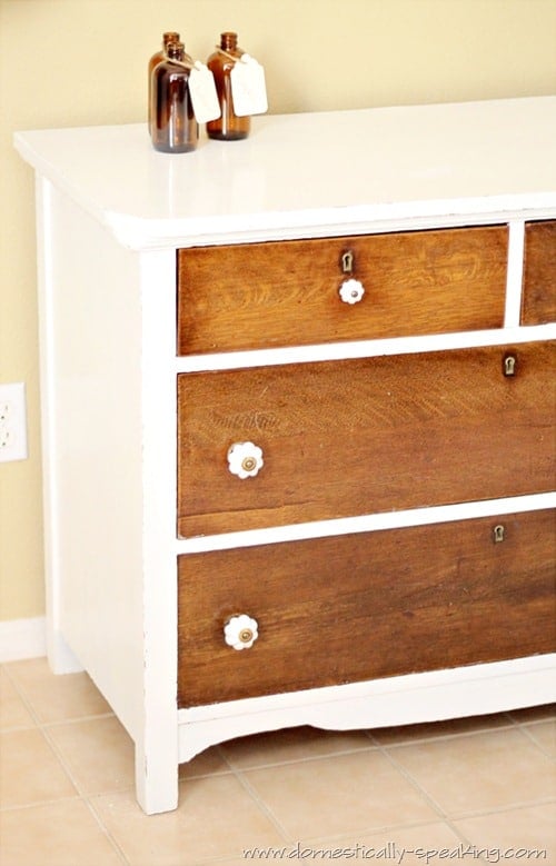 Storage Auction Treasure Dresser @ Domestically Speaking white and wood dresser makeover