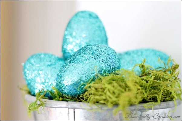 moss, glitter, eggs, twine, starfish, spring, mantel, baker's twine, glitter