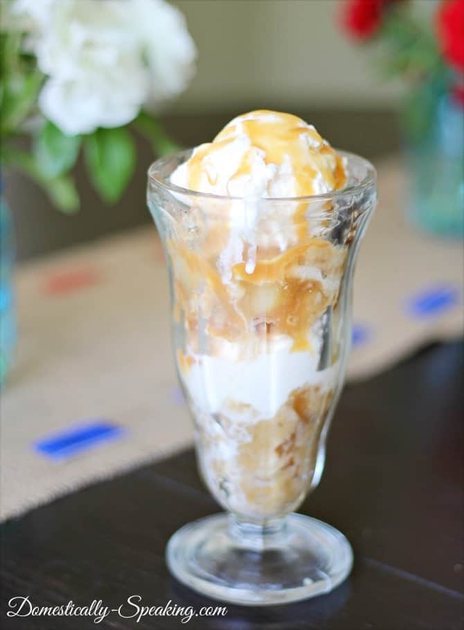 Ultimate All American Sundae: apple pie, waffle cone, vanilla ice cream, caramel