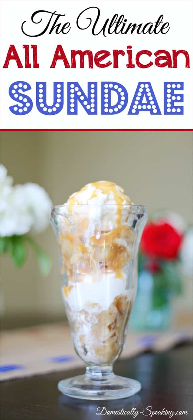 The Ultimate All Amerian Sundae american sundae with apple pie, waffle cone, vanilla ic cream and caramel syrup