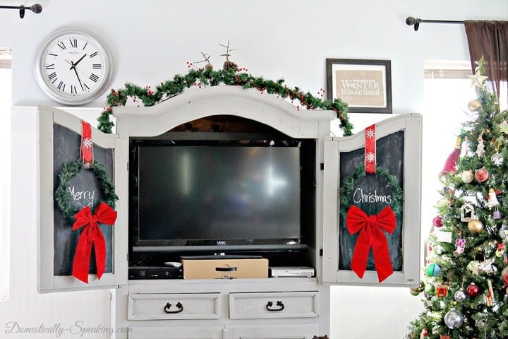 Christmas Home Tour Chalkboard Armoire with Wreaths