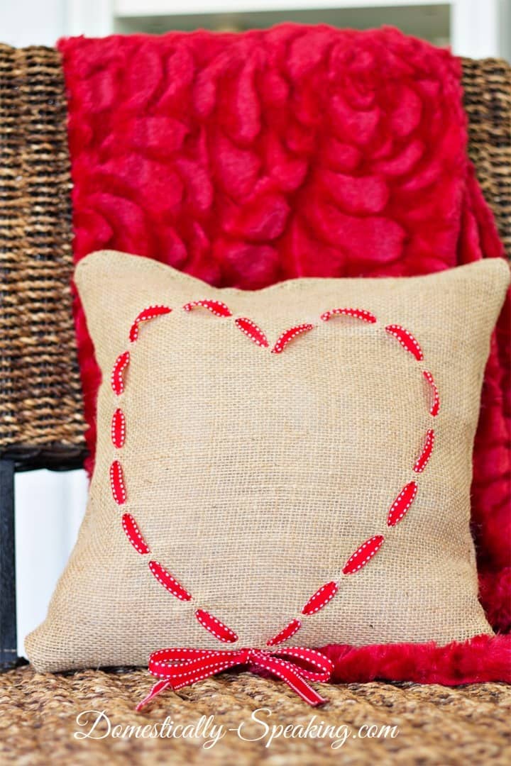 Burlap and Ribbon Heart Pillow 1 Burlap and Ribbon Valentine's Heart Pillow
