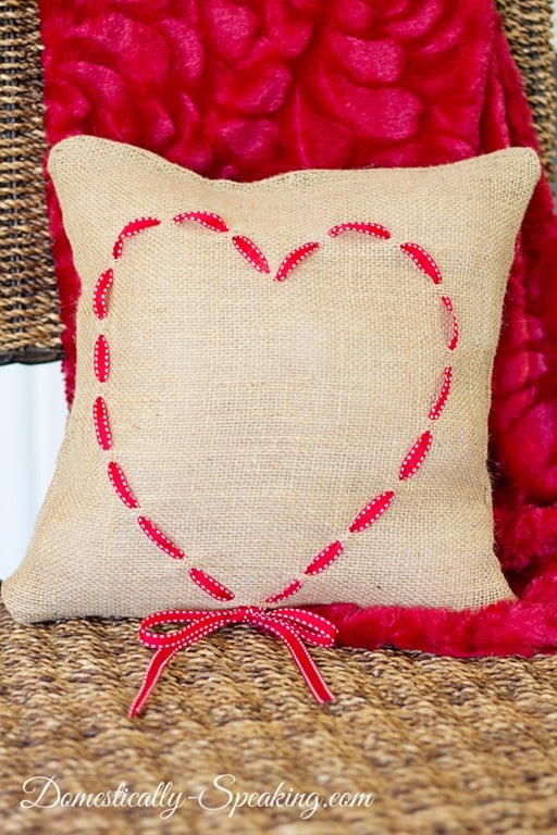 Valentine Pillow Burlap and Ribbon Heart Domestically Speaking