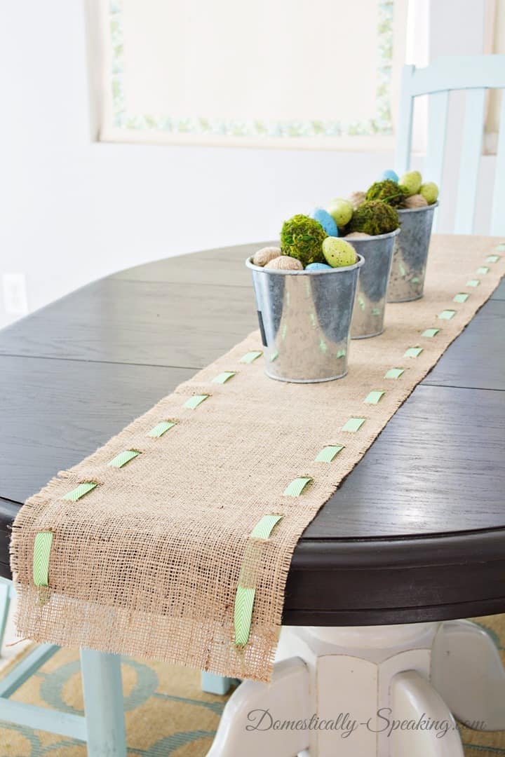 Spring Runner: Burlap and Green & White Chevron Ribbon #spring #burlap #ribbon #tablerunner Spring Runner: Burlap and Green & White Chevron Ribbon