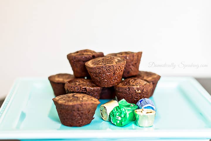 Mini Brownies with a Caramel Center sprinkled with sea salt. Rolos and a Brownie Mix