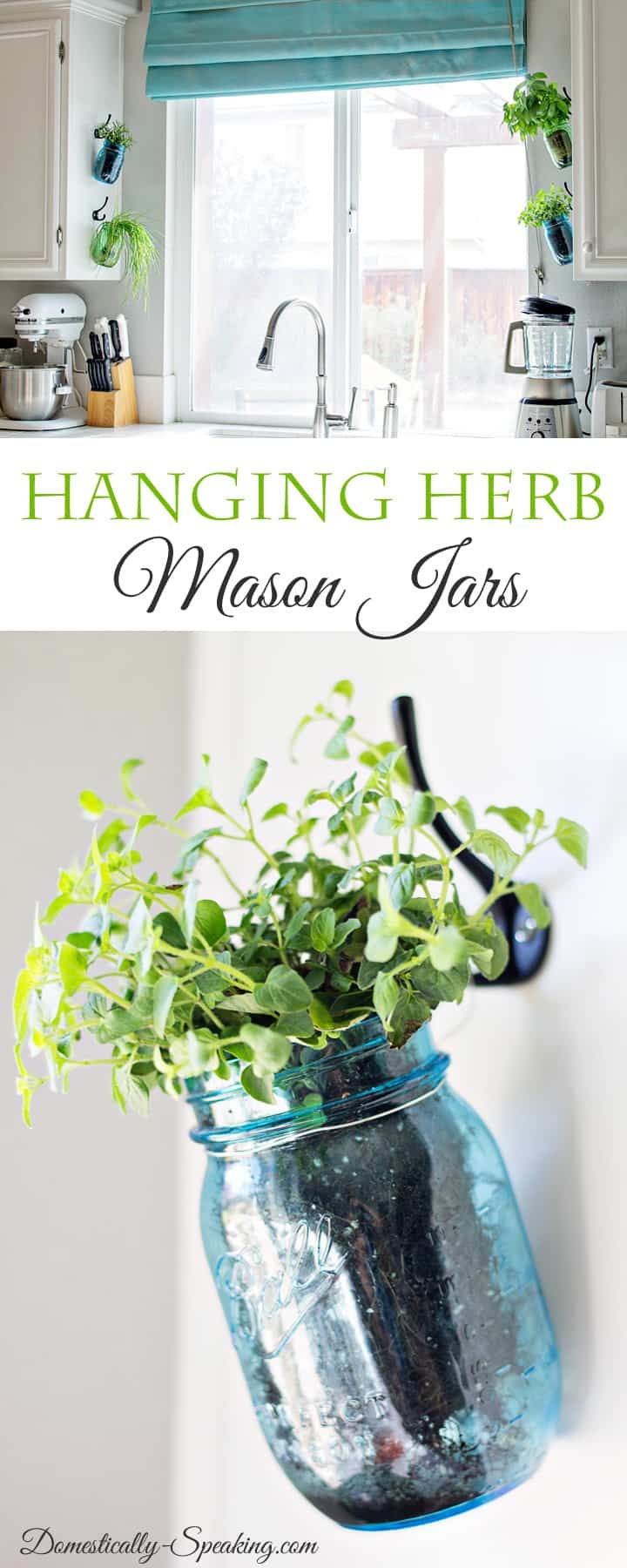 Hanging Fresh Herbs in Vintage Blue and Green Mason Jars - perfect way to have an indoor herb garden in your kitchen!