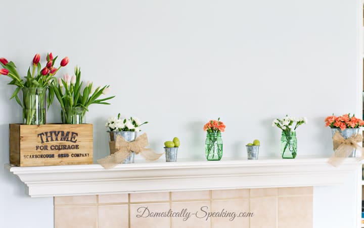 Spring Mantel decorating ideas. 2015 Simple Beauty with greens, pinks and corals