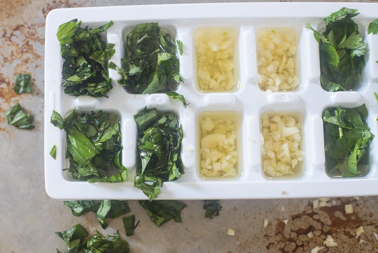 Placing fresh herbs in an ice cube tray Placing fresh herbs in an ice cube tray