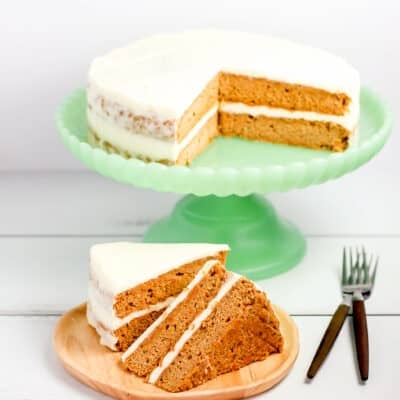 Carrot Spice cake on a green cake stand