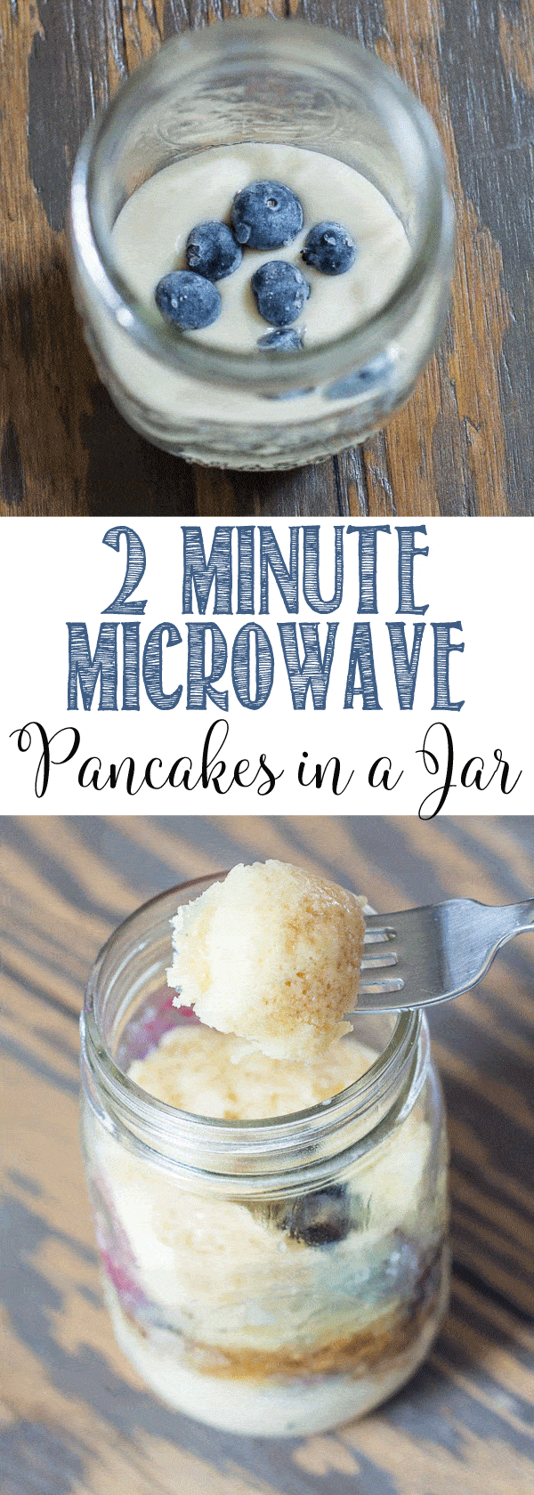2 Minute Microwave Blueberry Pancakes in a Jar! I love prepping breakfast in advance and this recipe makes it so easy to prep for your week on Sunday and enjoy hot, fluffy pancakes during the busy week. 2 Minute Microwave Blueberry Pancakes in a Jar