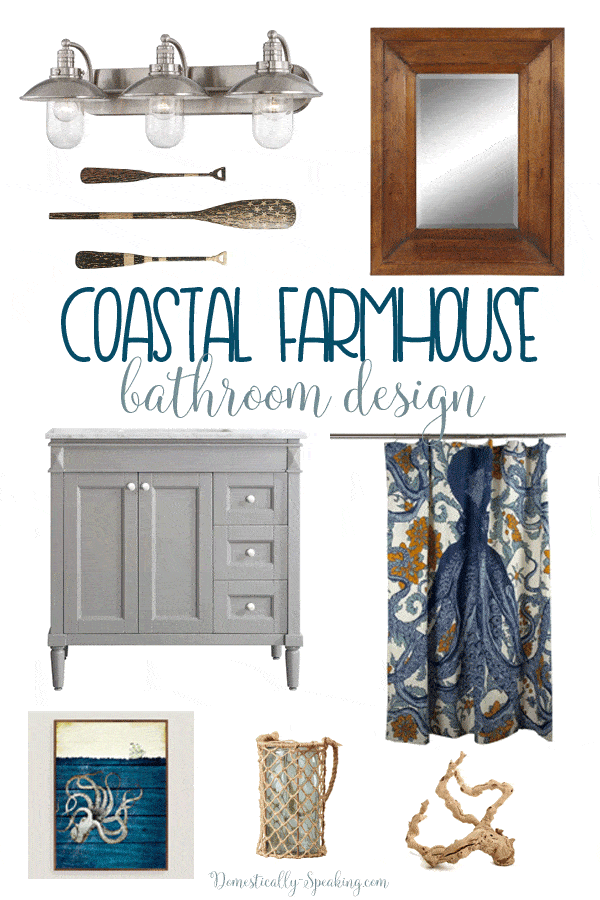 Coastal Farmhouse Bathroom Design | gray vanity, wood mirror, metal nautical lights