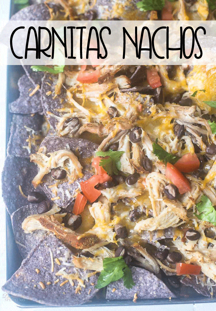 Carnitas Nachos!!! A family favorite with pulled pork (I make in the crockpot), lots of cheese and all the fixings on delicious blue corn chips.