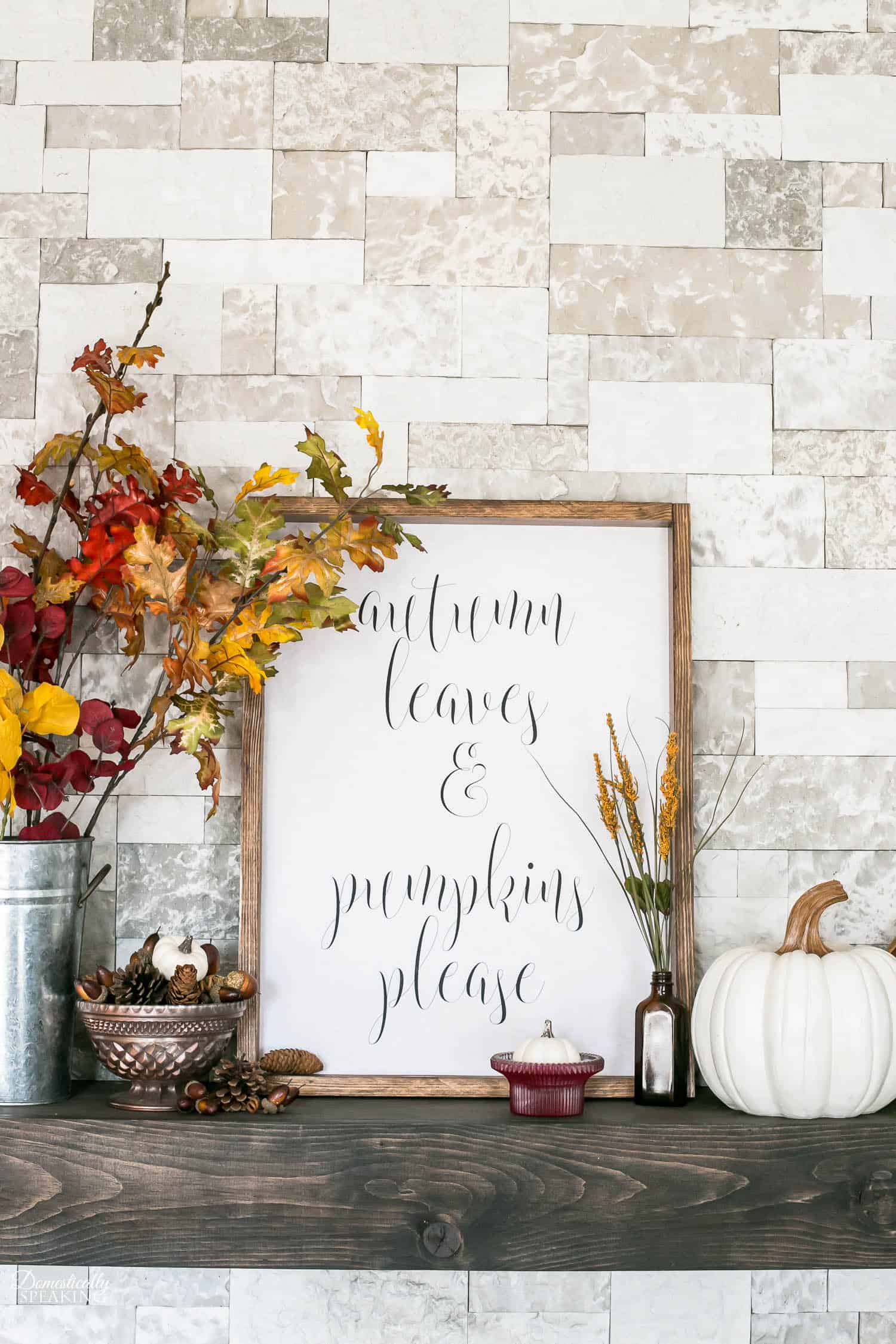 Autumn Mantel with DIY Sign, Thrift Store makeovers and White Pumpkins