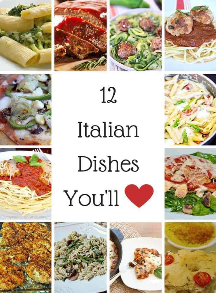 12 Delicious Italian Recipes!  You'll love these pastas, chicken dishes, meatballs, meatloaf and more!