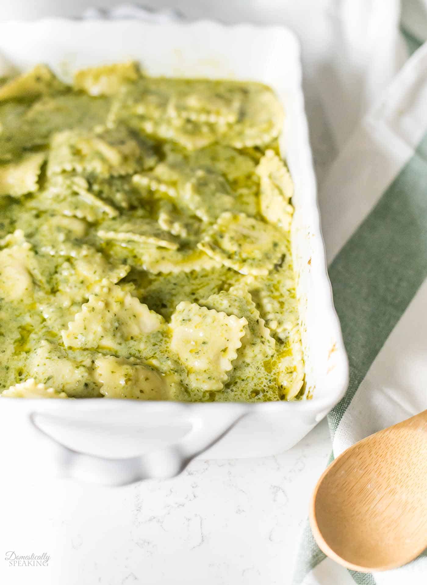 Baked Ravioli with Pesto Cream Sauce is a great one pan dinner recipe! Baked Ravioli with Pesto Cream Sauce is a great one pan dinner recipe!