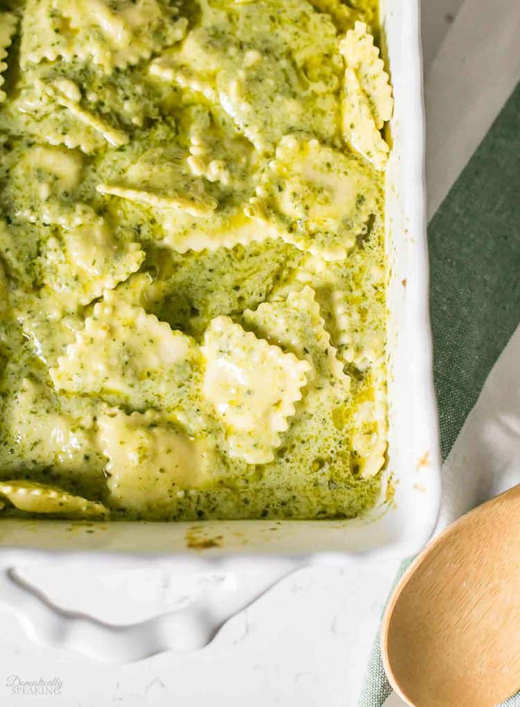 Baked Ravioli with Pesto Creamy Sauce