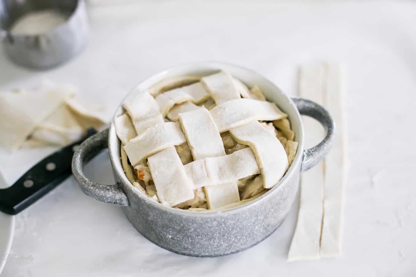 Puff pastry lattice topping on a homemade chicken pot pie. Puff pastry lattice topping on a homemade chicken pot pie.