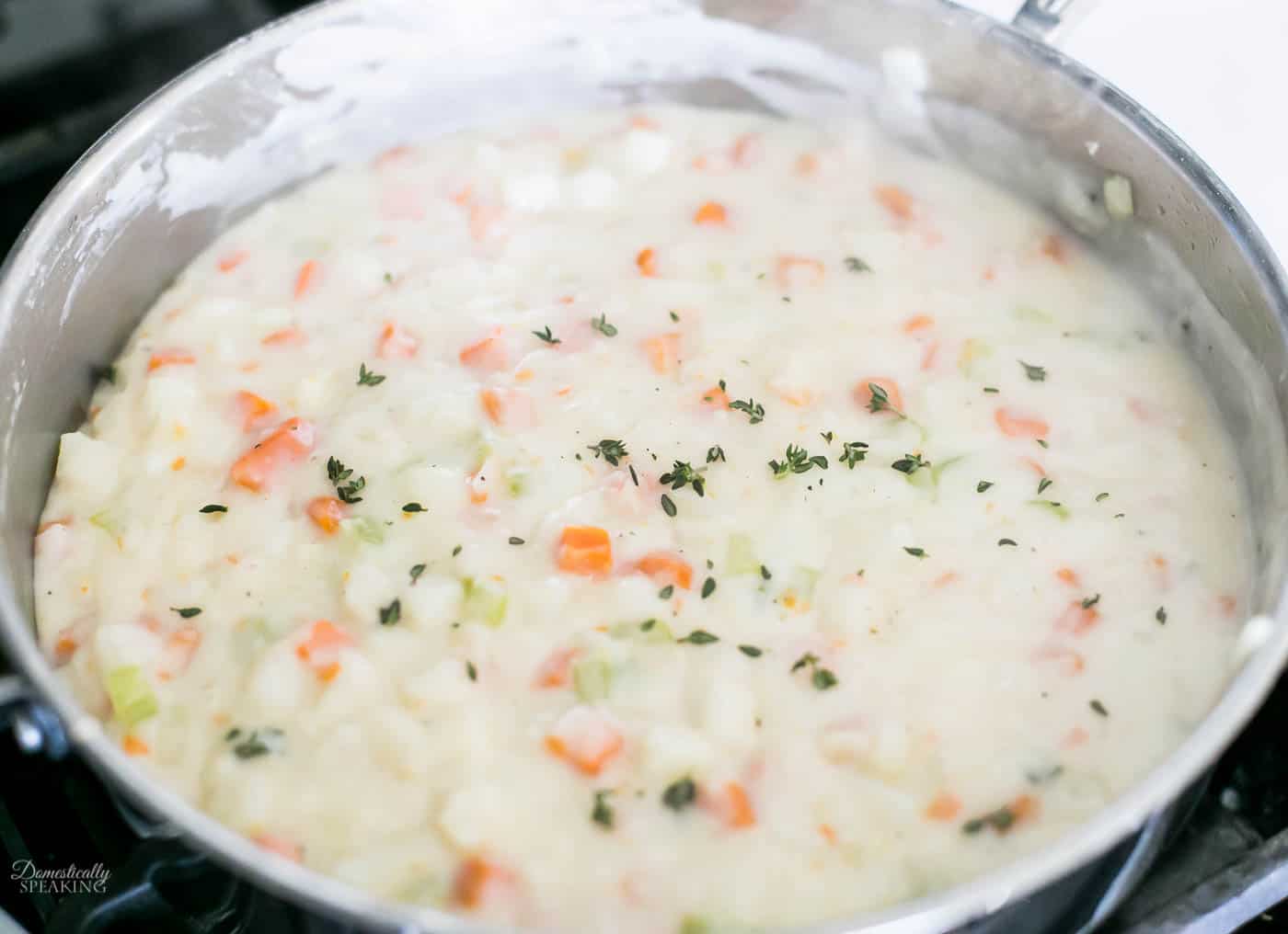 Getting that creamy filling for the chicken pot pie. Getting that creamy filling for the chicken pot pie.
