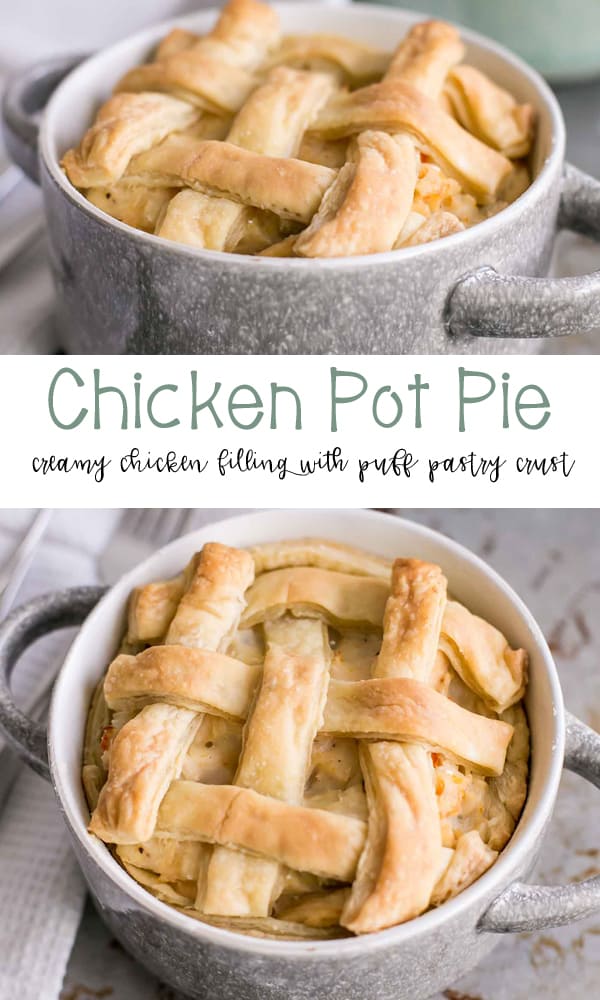 Rustic Chicken Pot Pie with a Puff Pastry Crust with a creamy chicken filling with potatoes, carrots, onions and celery. Rustic Chicken Pot Pie with a Puff Pastry Crust with a creamy chicken filling with potatoes, carrots, onions and celery.