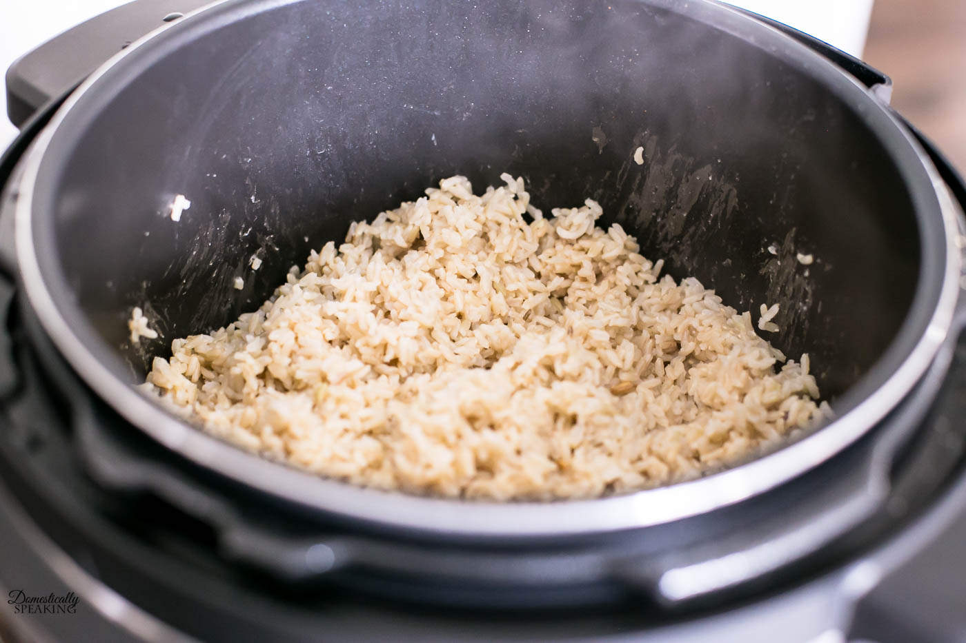 Fluffy brown rice in the pressure cooker.