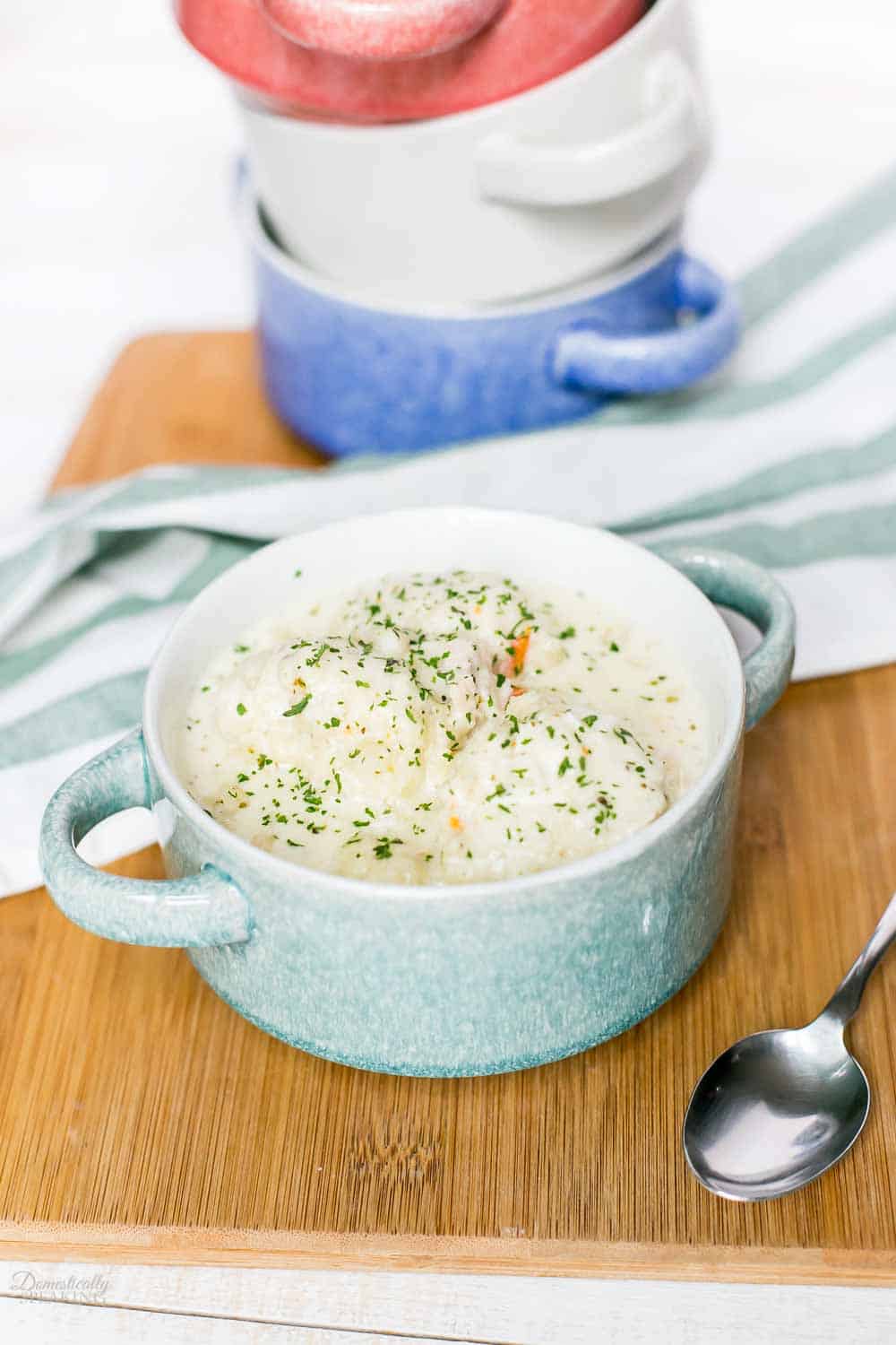 Chicken and Dumplings in a blue bowl