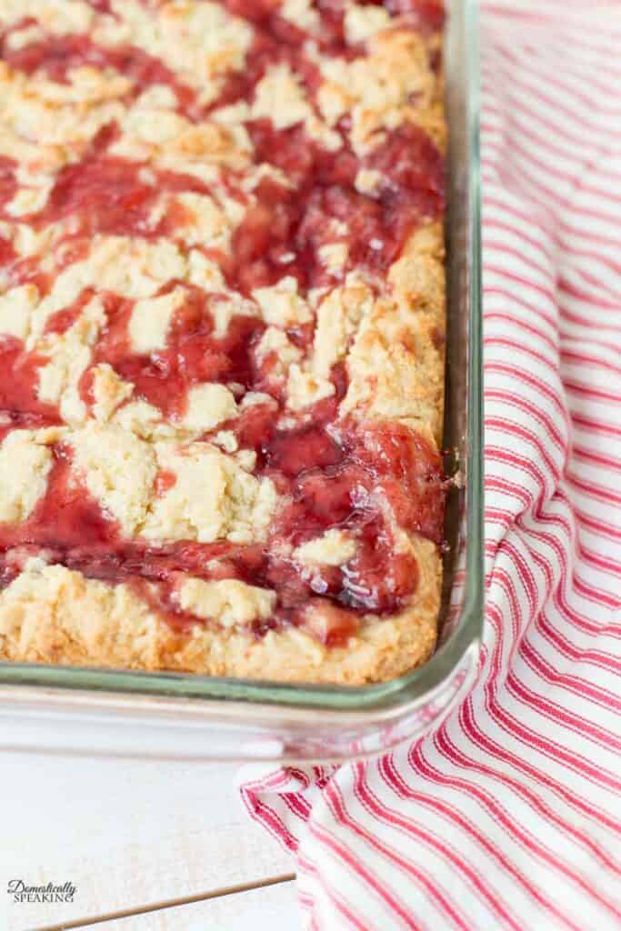 Pan of Cream Cheese Bar Cookies with Strawberry Swirl