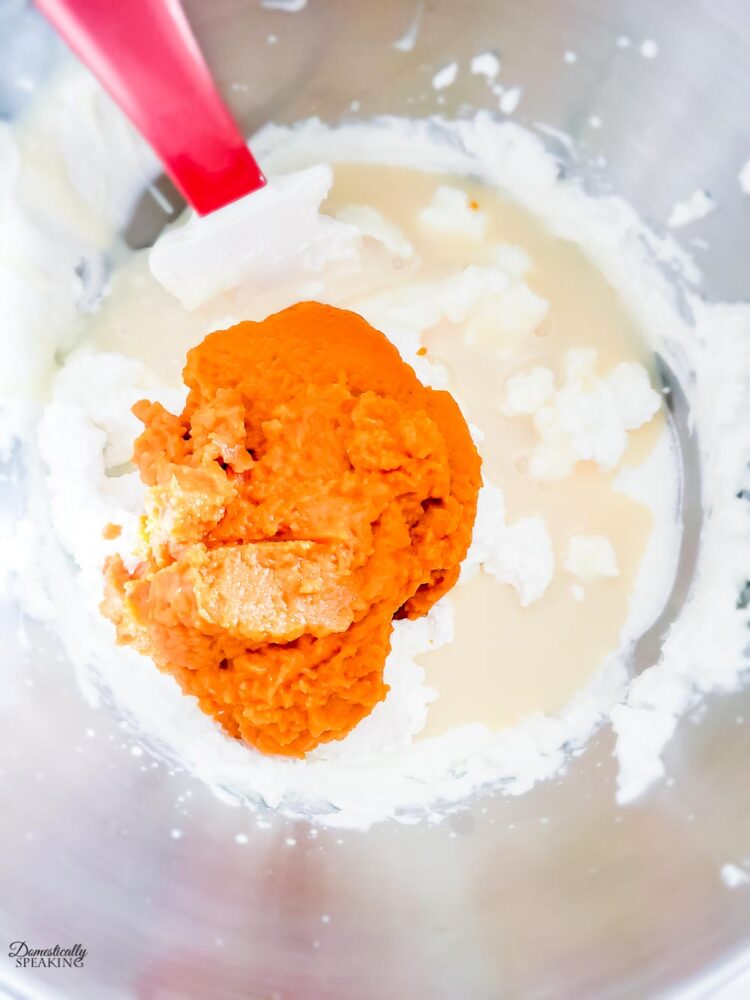 adding pumpkin puree and condensed milk