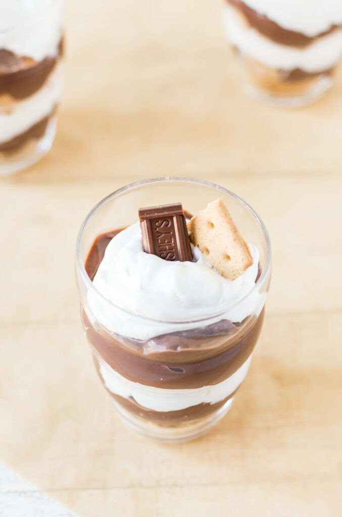 S'more Parfait with garnish of graham cracker and chocolate bar