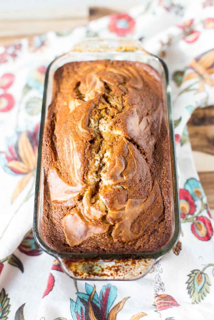 pumpkin cream cheese loaf from the oven