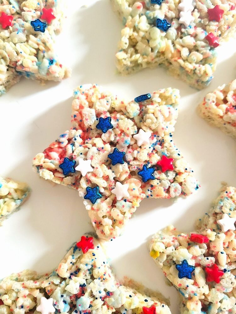 fun patriotic rice krispie stars with red, white, and blue candies