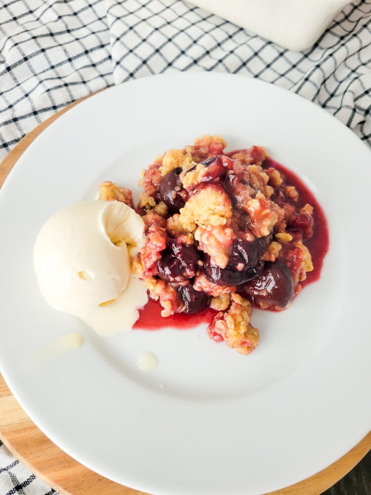 cherry crisp with vanilla ice cream