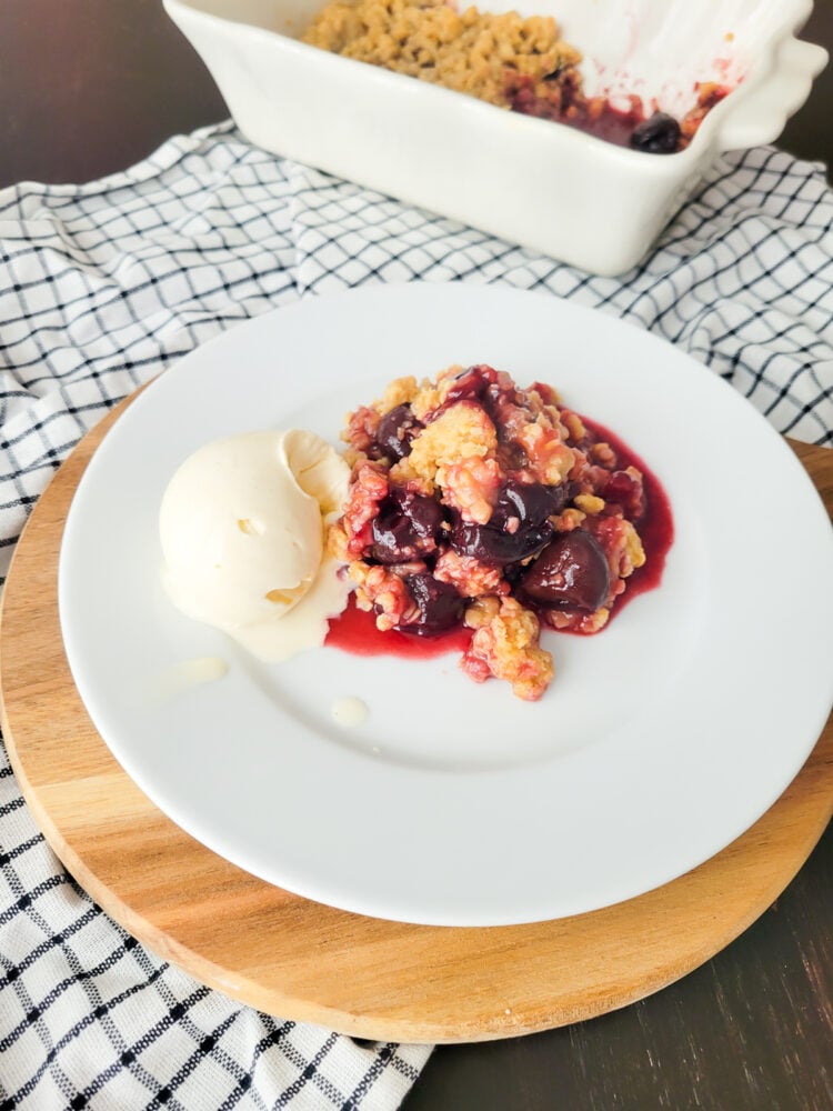 cherry crisp from frozen cherries and vanilla ice cream